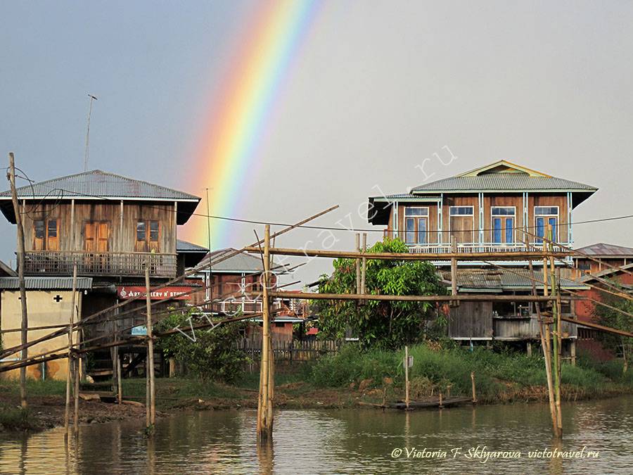 радуга, дома на озере Инле, Мьянма
